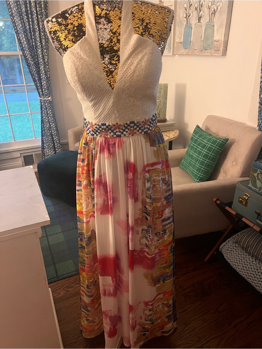 Rachel Allan Cream Halter Maxi Dress with Multicolor Painted Skirt